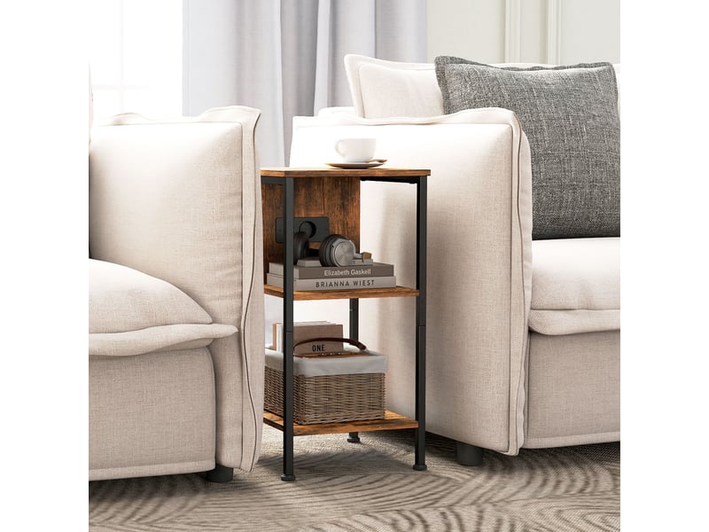  Bout de canapé table d'appoint 2 étagères avec station de charge métal noir effet bois vieilli  - Conforama D