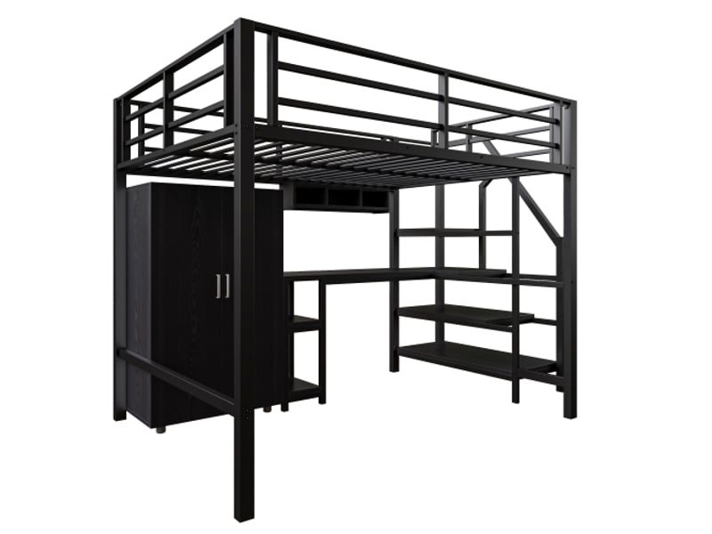  Lit mezzanine 140x200 cm, rangement armoire et bureau intégré, en métal, noir, sans matelas  - Conforama E