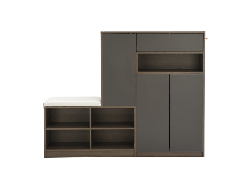  Meuble à chaussures 140x35x110 cm avec siège rembourré et étagères réglables, armoire de rangement gris pour entrée  - Conforama A