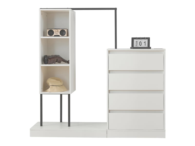  Armoire de rangement 140 x 40 x 135 cm avec 4 tiroirs, 3 étagères ouvertes et penderie, blanc  - Conforama A