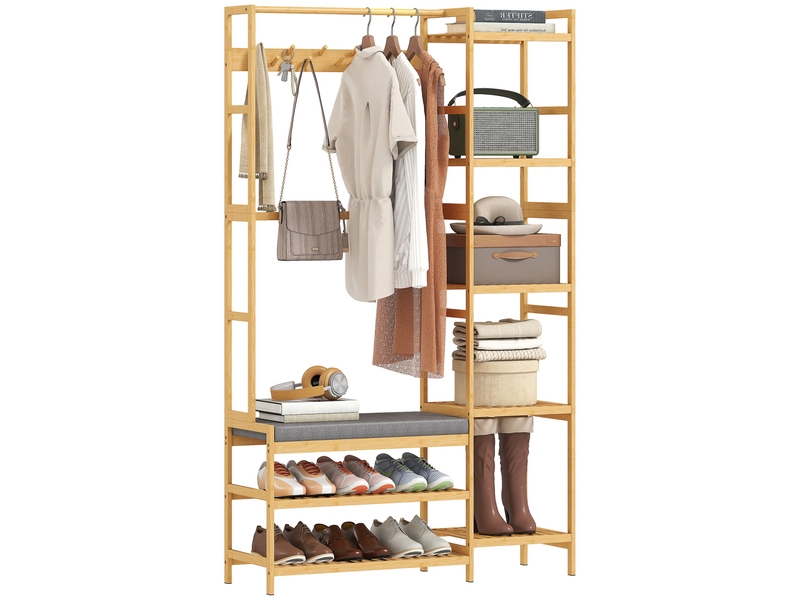  Porte-manteau avec étagère à chaussures, patères, banc avec coussin, pour entrée, couloir, hall d'entrée, bois naturel  - Conforama A