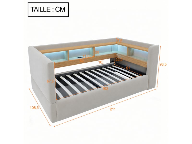  Lit banquette simple en flanelle 90x190 cm avec coffre hydraulique, rangements, led et prises, gris clair  - Conforama D