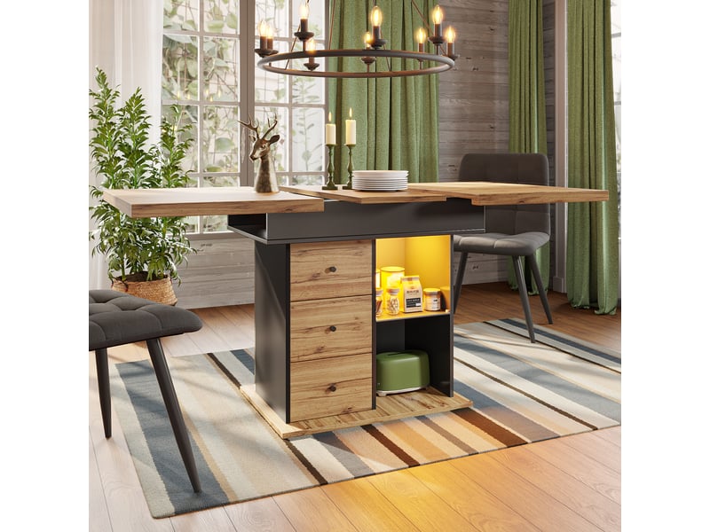  Table de séjour rectangulaire avec allonge naturel+noir - 80x110-140max.cm led mdf table bicolore - Conforama E