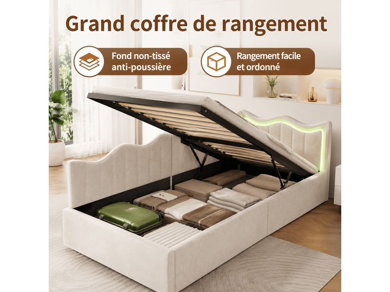 Lit enfant 90x200 cm avec rangement, lit coffre avec sommier, led, canapé lit, lit simple, cadre de lit hydraulique, velours, beige - Conforama E