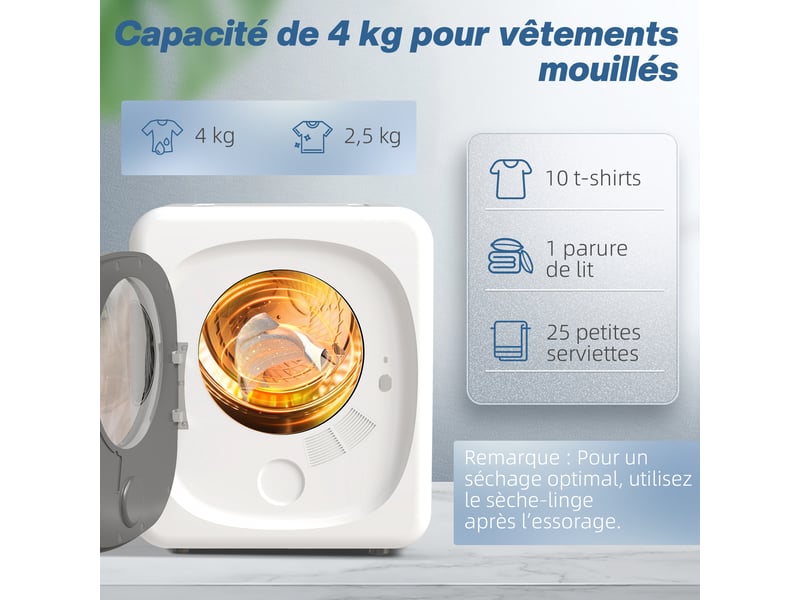 Sèche-linge à évacuation portable 4 kg, sèche-linge 800 w compact, 5 modes de séchage, blanc, minuterie - Conforama E