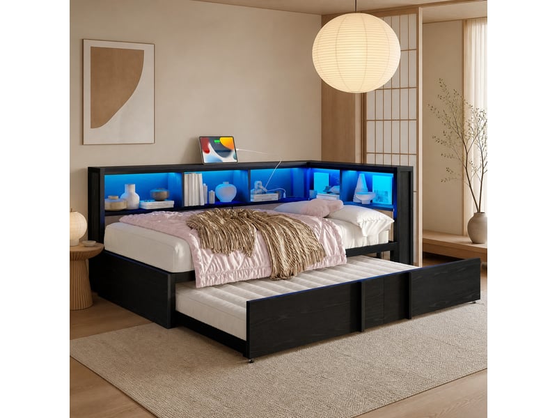  Lit banquette en métal et mdf, lit simple 90x200 cm avec lit gigogne, 5 placards, led et usb, sans matelas, noir  - Conforama C