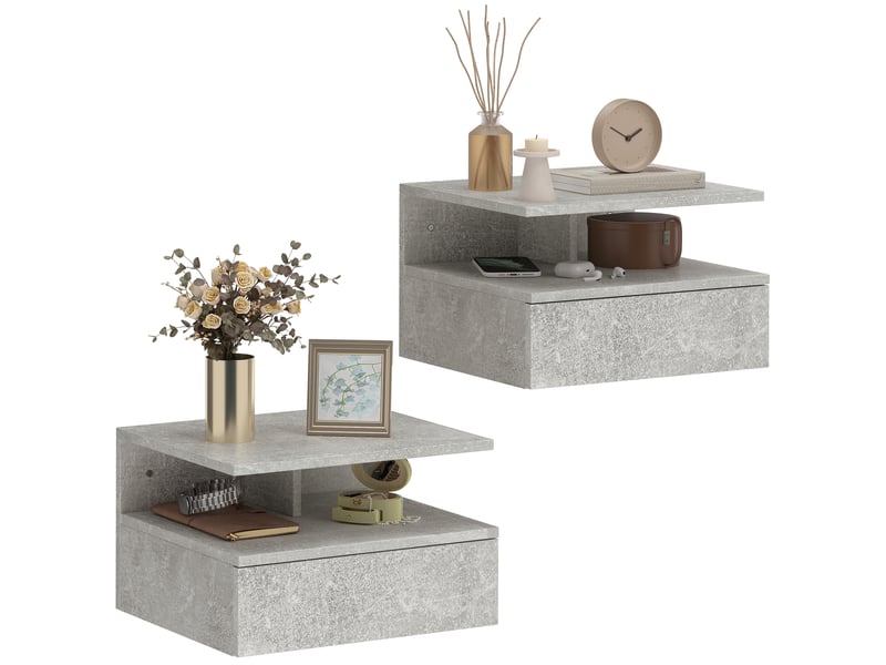  Ensemble de 2 tables de chevet suspendues avec tiroir et étagère ouverte, 35 x 32 x 22,5 cm, gris ciment  - Conforama A