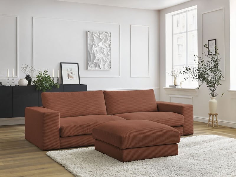  Bobochic canapé droit fixe 3 places leonard velours côtelé avec pouf orange LEONARD - Conforama C