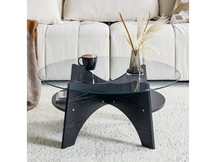 Table d'appoint rond 80×80×36 cm, mdf et verre, noir et transparent