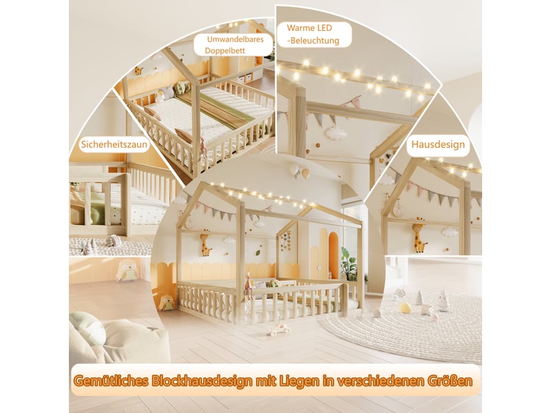 Lit enfant 90 x 190 cm, cadre de lit simple, éclairage led, barrières de sécurité, sommier à lattes inclus, bois massif, naturel Morn Vibe - Conforama E