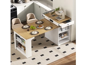 Îlot de cuisine ulevr extensible 80 x 71-111-151 x 92 cm avec prises intégrées, plateau amovible, rangement, mdf + pb, blanc et naturel