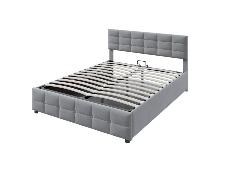  Lit coffre 180x200 cm velours gris – sommier à lattes et ouverture hydraulique  - Conforama E