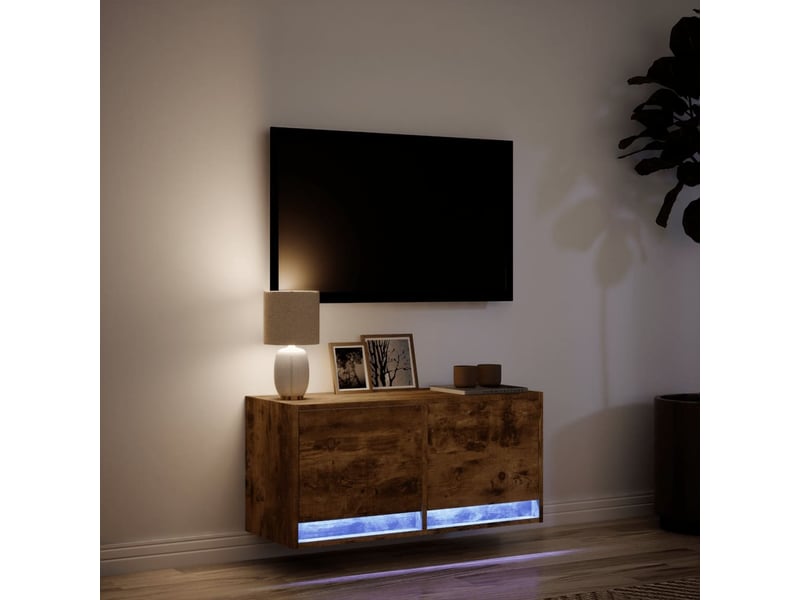  Meuble tv - banc tv - meuble de rangement mural avec lumières led chêne fumé 80x31x35 cm  - Conforama E