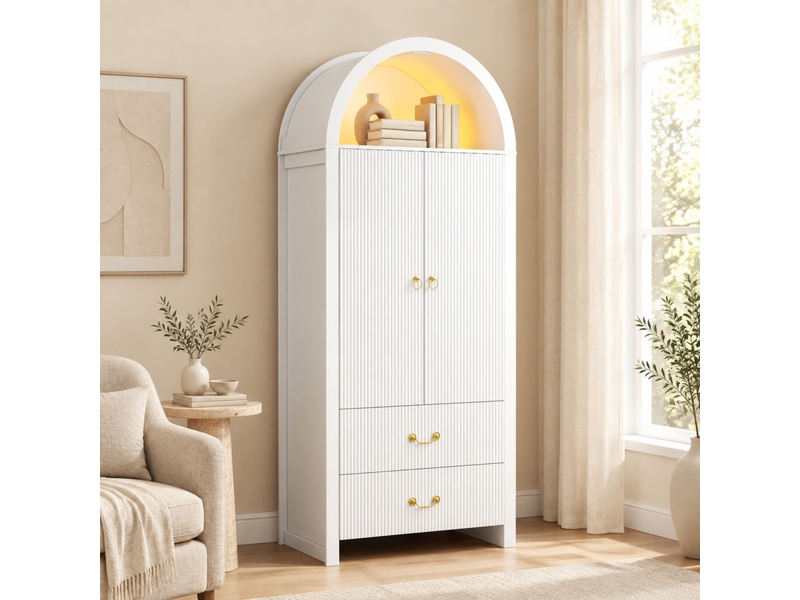  Armoire haute blanche avec niche arquée et éclairage led réglable par application, deux portes et deux tiroirs, façade à rainures verticales  - Conforama B