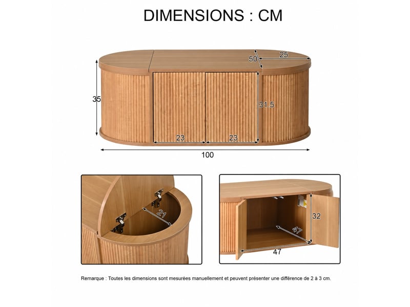 Table basse ovale en bois clair, espace de rangement caché avec 4 portes, ouverture magnétique, 100x50x35 cm  - Conforama C