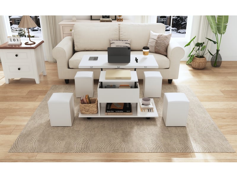  Table basse plateau relevable 3 en 1 avec 4 tabourets, convertible en table à manger, 100x50x48cm, panneau de particules, blanc  - Conforama E