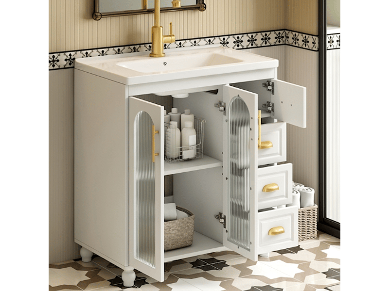  Meuble salle de bain 80 cm avec lavabo en céramique et meuble sous vasque blanc  - Conforama C