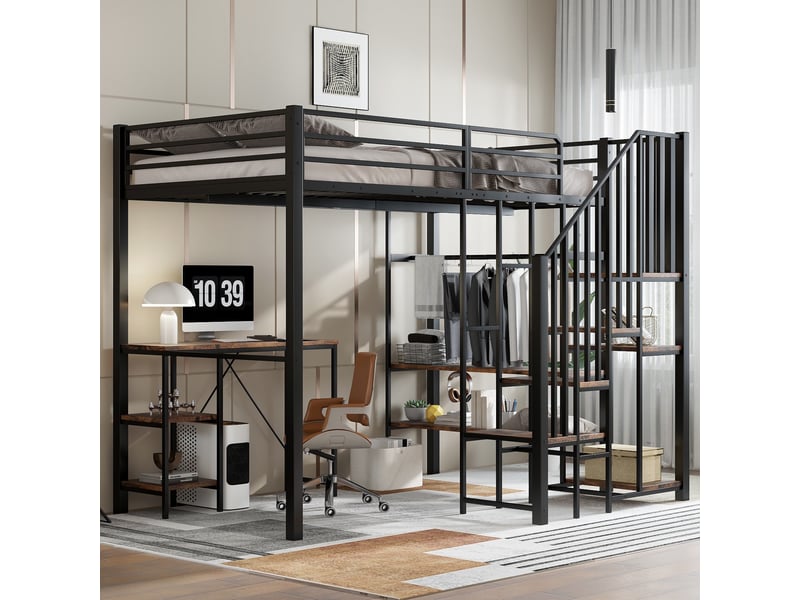  Lit mezzanine 120x200 cm, lit combiné pour enfant et adolescent avec bureau et escalier de rangement, structure robuste en métal et bois mdf, noir  - Conforama C