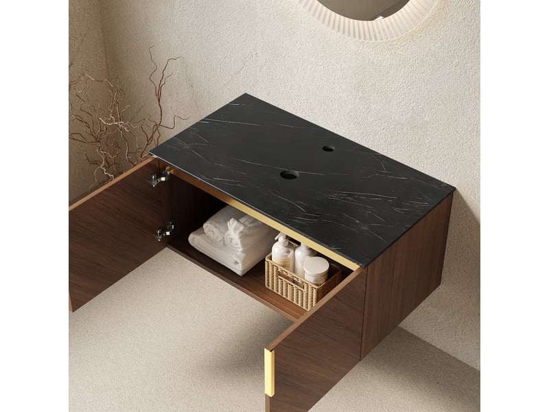  Meuble sous vasque sans vasque 91 cm, plan en pierre frittée, effet chêne brun  - Conforama D