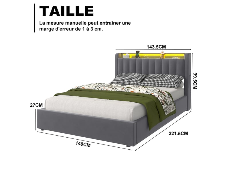  Lit coffre rembourré ulevr 140 x 200 cm avec rangement, éclairage led réglable et port usb, velours gris  - Conforama C