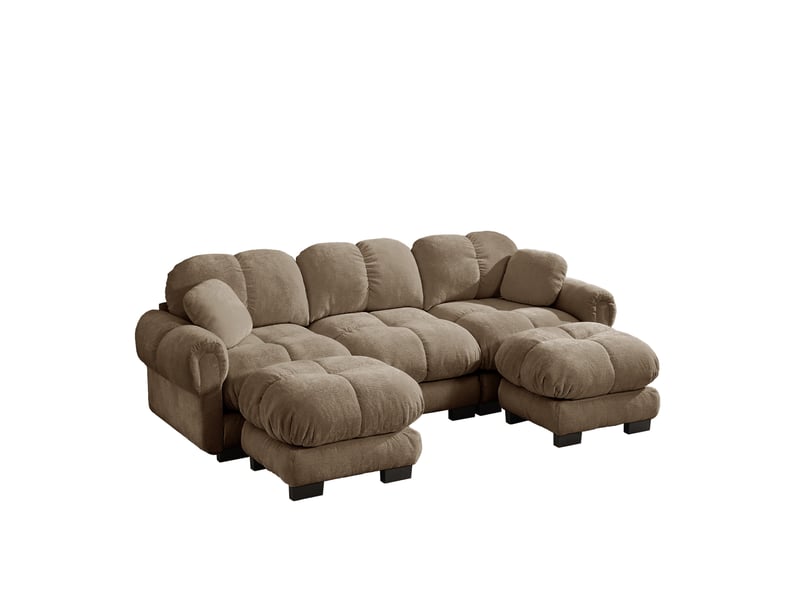 Canapé en u 3 places en tissu marron, avec ottomane mobile et 2 coussins décoratifs, pour le salon - Conforama A