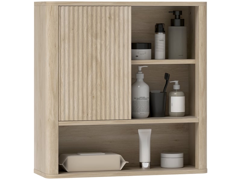  Armoire murale salle de bain avec étagères réglables, porte coulissante et étagères ouvertes, bois naturel  - Conforama A