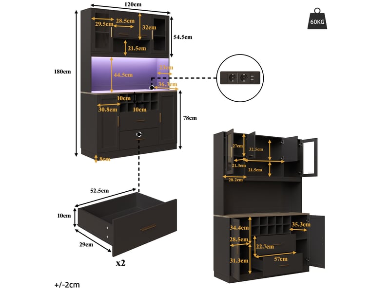  Buffet modenvie 120 x 36,3 x 180 cm avec led, prises usb, 6 portes et 2 grands tiroirs, noir  - Conforama C