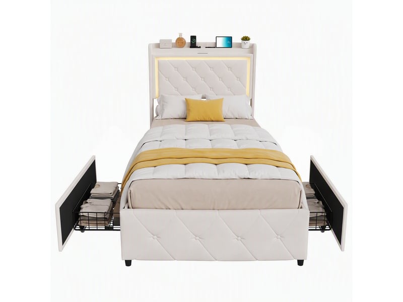  Lit simple 90x200 cm avec éclairage led et usb, lit enfant avec 2 tiroirs, tete de lit rembourré avec espace de rangement, sommier à lattes, beige  - Conforama A