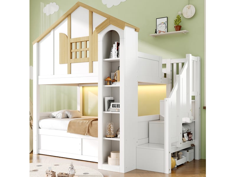  Lit superposé 90 × 200 cm 2 places avec rangement hydraulique, led et escalier de rangement, sans matelas, blanc  - Conforama C