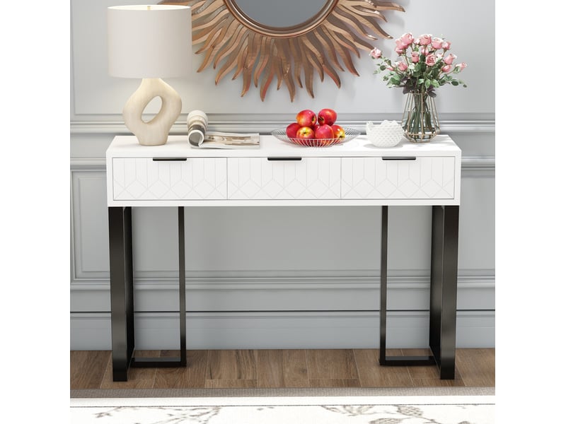  Table console 120x36x80 cm avec 3 tiroirs, mdf blanc et noir  - Conforama D