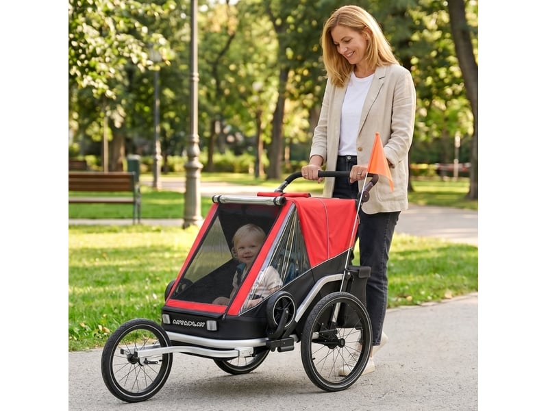 Remorque vélo enfant 2 places 148x83x102 cm – rouge – poussette 2-en-1, dossiers inclinables pliable  - Conforama C