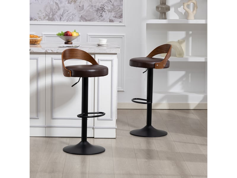 Tabourets de bar pivotants 360° lot de 2 marron pu avec dossier bois noyer et siège réglable en hauteur - Conforama B