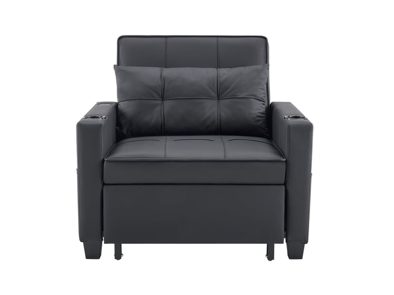 Canapé convertible 3-en-1 avec dossier réglable, porte-gobelets et poche latérale, en bois et métal, noir - Conforama A