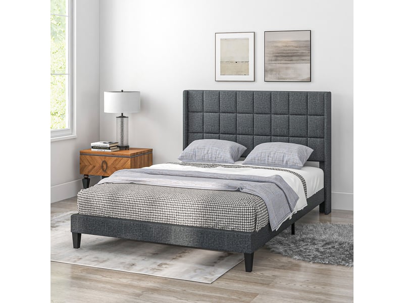  Lit 2 places rembourré 135x190 cm gris, tête de lit capitonnée et rangement sous le lit  - Conforama D