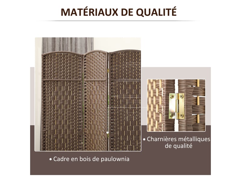  Paravent intérieur en bois 3 panneaux séparateur de pièce pliable pour salon chambre 135 x 180 cm marron  - Conforama R