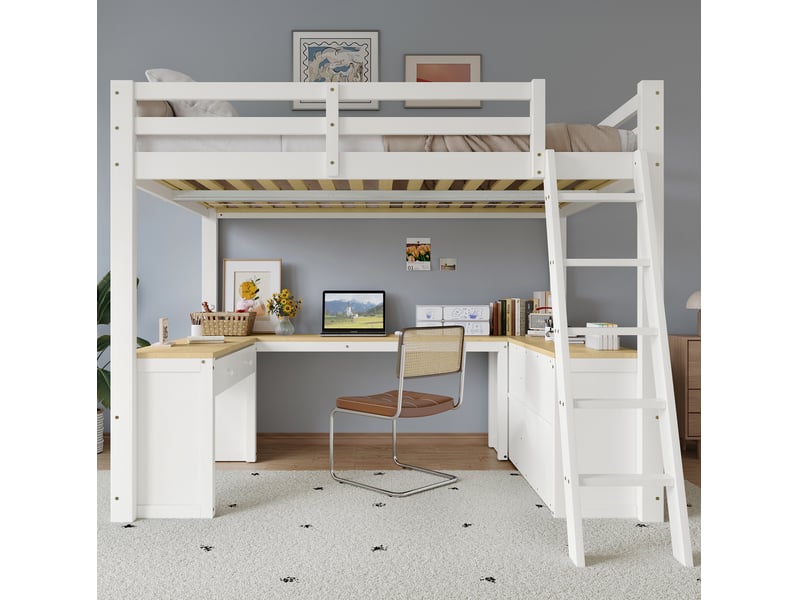  Lit mezzanine 140x200 cm avec bureau en u, 2 tiroirs, rangement, bois, mdf, panneau de particules, blanc et naturel, sans matelas  - Conforama C