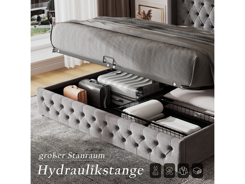  Lit coffre hydraulique 140x200 cm en velours, tête de lit capitonnée à oreilles, rangement sous lit, sommier à lattes – gris (sans matelas)  - Conforama E