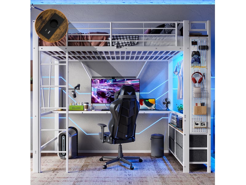  Lit mezzanine 90 x 200 cm avec bureau, rangements, led et prise usb, blanc  - Conforama D
