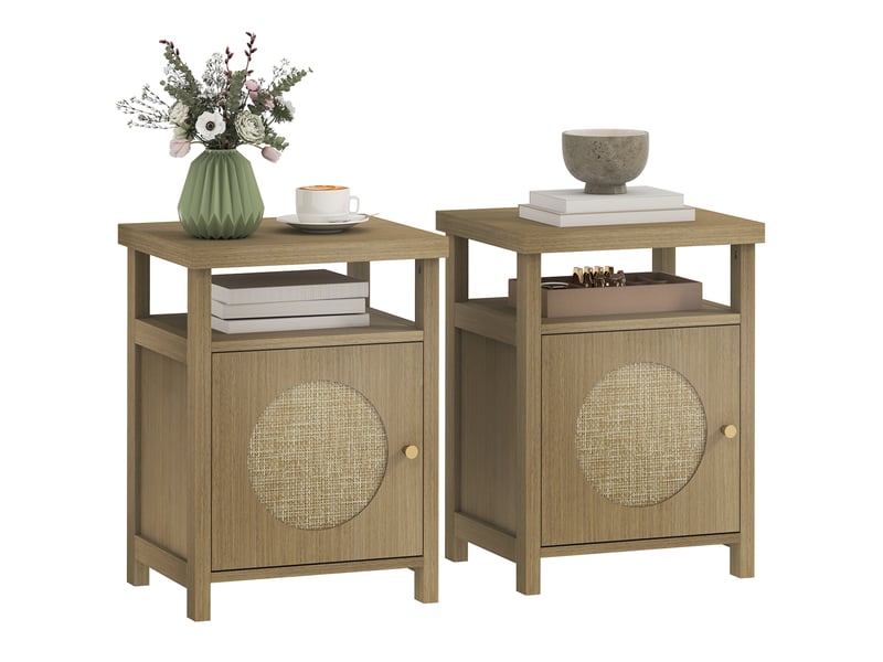  Lot de 2 tables de chevet étroite table d'appoint compartiment ouvert placard finition en rotin, 40 x 35 x 55 cm marron  - Conforama A