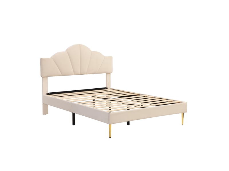  Modenvie lit rembourré 140x190 cm - velours, tête de lit réglable en hauteur, sans matelas - beige  - Conforama E