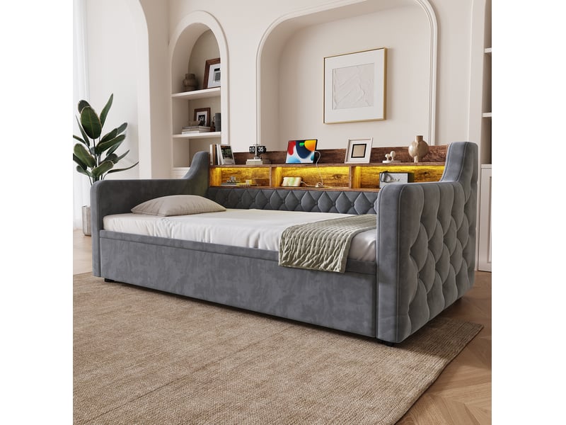  Lit gigogne, 90x190 cm, solution de rangement, led, ports usb type-c, foncé, matelas non inclus, velours, coloris gris  - Conforama D