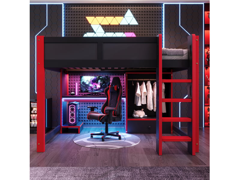  Lit mezzanine 140x200 cm avec bureau, rangements et led,coloris noir et rouge  - Conforama D