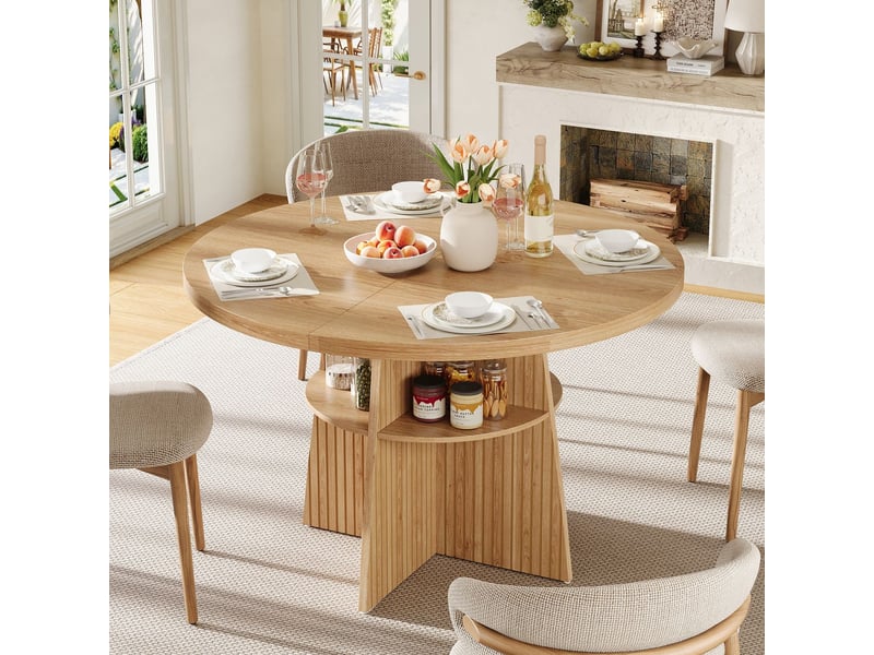  Table à manger 110-150 x 110 x 77 cm table de cuisine 2-8 personnes plateau extensible forme ronde gain de place rangement intégré aspect bois naturel  - Conforama B