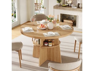 Table à manger 110-150 x 110 x 77 cm table de cuisine 2-8 personnes plateau extensible forme ronde gain de place rangement intégré aspect bois naturel
