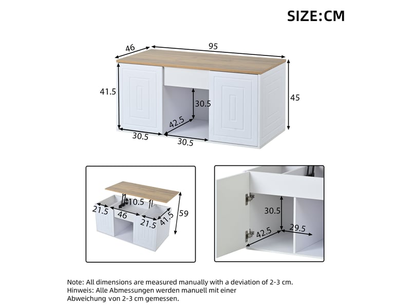  Table basse relevable 95x46x45 cm avec rangement, blanc et effet bois naturel  - Conforama E