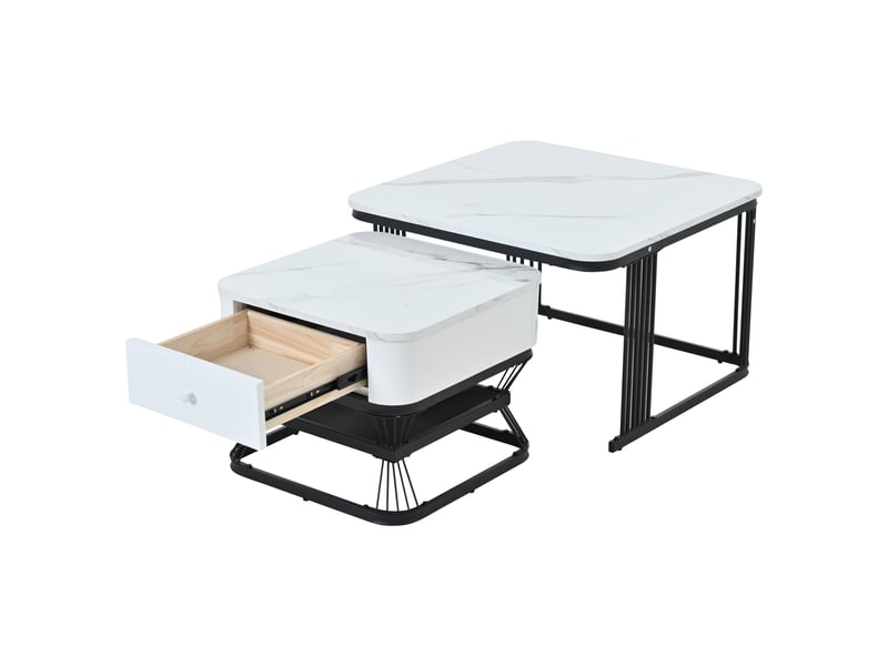  Lot de 2 tables basses gigognes carrées effet marbre avec 1 tiroir 70x70cm + 50x50cm mdf et métal blanc et noir  - Conforama E