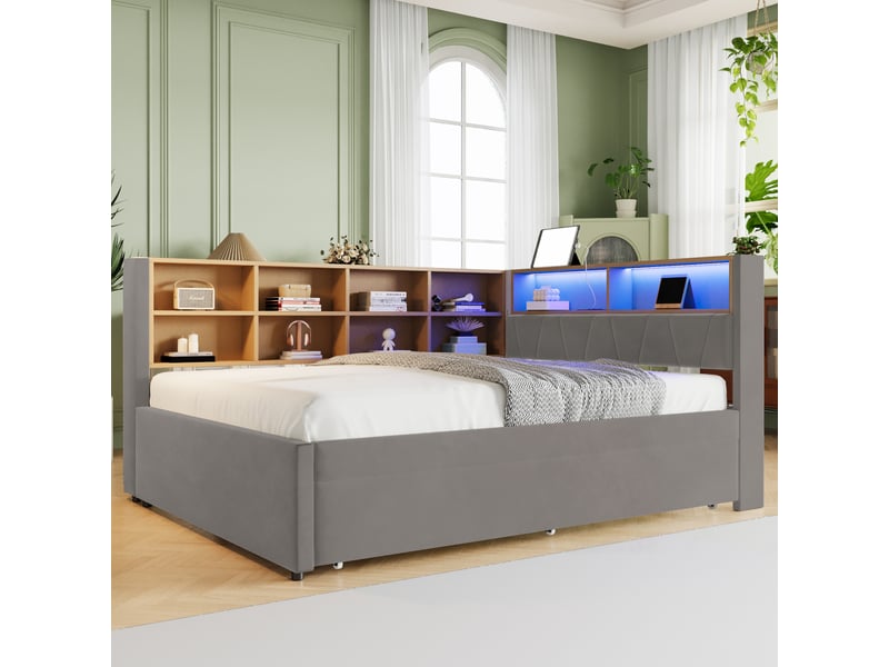  Canapé-lit simple 140x200 cm lit gigogne 90x190, prises électriques et compartiments de rangement gris foncé, équipé de lampes led  - Conforama C