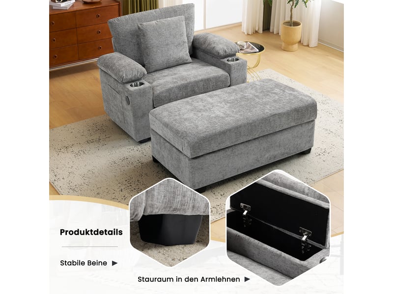  Fauteuil convertible avec repose-pieds pivotant et rangement  - porte-gobelets, chenille gris  - Conforama E