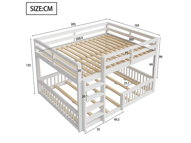  Lit superposé 160x200 cm, gain de place, design compact avec barrières de sécurité, bois et mdf, blanc, sans matelas  - Conforama C