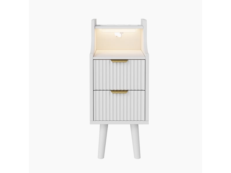 Lot de 2 tables de chevet,avec prises et ports usb et bande led 3 couleurs,meuble de nuit étroit design ondulé avec 2 tiroirs et niche ouverte,blanc - Conforama A